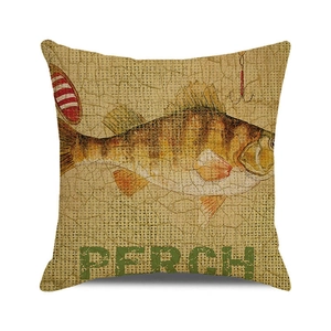 Close-up of linen cushion cover with vintage perch fish illustration and hook detail