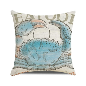 Detailed view of square cotton linen pillow cover featuring a vintage blue crab illustration