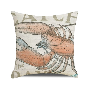 Detail of lobster cushion cover with Catch the Day text and linen texture