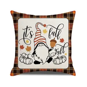 Detail of fall gnome throw pillow cover showing texture and concealed zipper closure