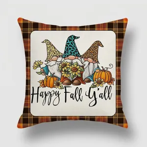 Macro detail of gnome sunflower pumpkin print on rustic Happy Fall Y'all pillowcase