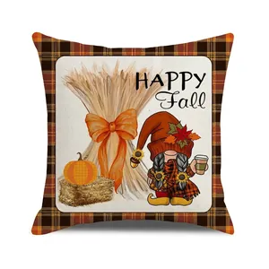 Happy Fall gnome and pumpkin square pillow cover with orange black plaid border