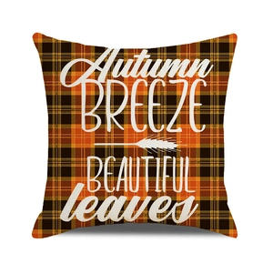 Orange and black plaid fall pillow cover with Autumn Breeze print and wheat details