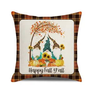 Macro detail of Happy Fall y'all gnome pillowcase with plaid trim and pumpkin design