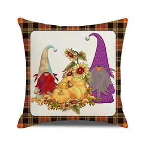 Detailed texture of cotton linen gnome pumpkin throw pillow cover with tartan border