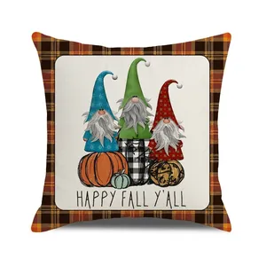 Macro shot of durable cotton linen fabric texture on Happy Fall Y'all gnome cushion cover