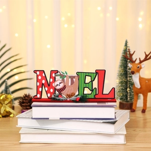 Wooden NOEL Christmas table ornament with cute sloth figure and pine cone decoration