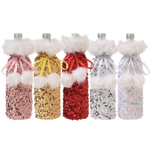 Five assorted sequin Christmas wine bottle covers with white faux fur and ribbon bows