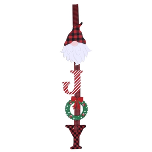 Vertikales Weihnachts-Holzschild JOY mit Zwerg und Kranz als Türdekoration