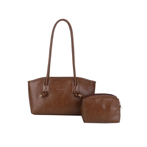 Retro dark brown oversized tote bag with matching inner pouch and knotted shoulder strap