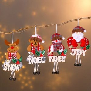 Christmas Tree Ornaments Plush Santa Snowman Reindeer Bear Hanging Decoration With Wood Letter And Metal Bell Festive Home Decor