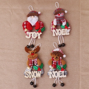 Set of 4 Christmas plush ornaments with wooden JOY and NOEL tags and small bells