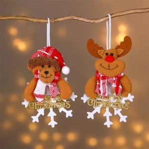 Plush Christmas tree ornaments with bear and reindeer on snowflake bases