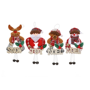 Set of 4 Christmas tree ornaments with reindeer, santa, snowman and bells on red plaid fabric
