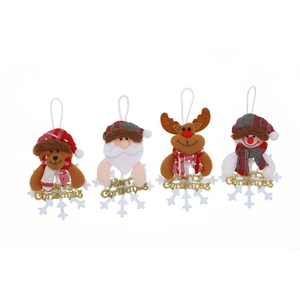 Set of 4 Christmas tree ornaments with Santa, Snowman, Reindeer, and Bear on snowflakes
