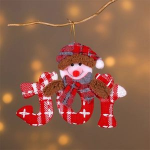Detail of red plaid JOY letter Christmas ornament with a cute plush snowman character