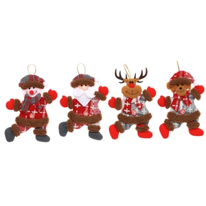 Lot de quatre suspensions de Noël en peluche : Père Noël, bonhomme de neige, élan et ours