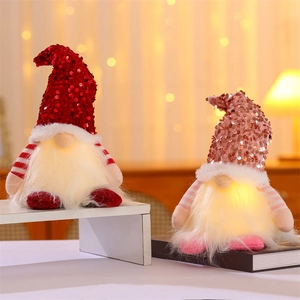 Close-up of lighted sequin Christmas gnomes with warm LED glow and long plush beards