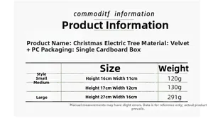 Size chart for musical Christmas tree plush toys in small, medium, and large variants