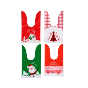 Set of four Christmas gift bags with rabbit ear handles featuring Santa and Snowman designs