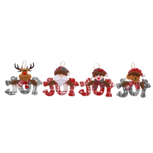 Plaid Christmas JOY letter ornaments with Santa, reindeer and snowman figurines