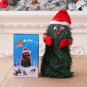 Nahaufnahme des tanzenden Weihnachtsbaum-Plüschtiers mit bunter Weihnachtsverpackung