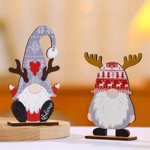 Creative wooden Christmas gnome desk ornaments with snowflake hats and a Welcome sign base