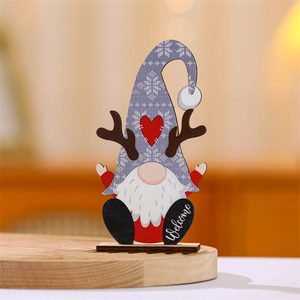 Christmas wooden gnome tabletop decor with elk antlers and a Welcome greeting sign