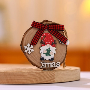 Rustic wood slice Christmas gnome ornament with red plaid bow and Xmas lettering decoration