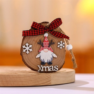Detail of wooden Christmas gnome ornament with buffalo plaid bow and Xmas text