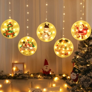 Warmweiße LED-Weihnachtsvorhänge mit Weihnachtsmann und Schneemann Hängeanhängern