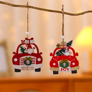 Detail of wooden Christmas car ornaments with gnomes and trees on rustic branches