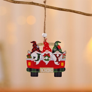 Christmas wooden gnomes on a red truck hanging ornament for tree decoration with JOY letters