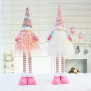 Pair of pink Christmas gnomes with retractable legs and snowflake knit hats for decor