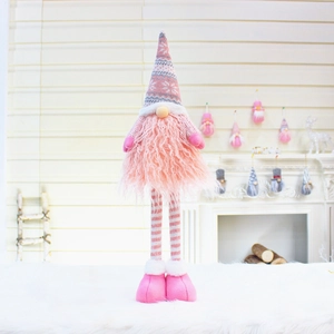 Pink telescopic Christmas gnome decoration with snowflake knit hat and striped long legs