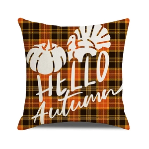Plaid pumpkin pillow case with Hello Autumn turkey design for Thanksgiving home decor