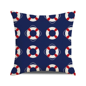 Housse de coussin nautique bleu marine avec motifs de bouée de sauvetage rouge et blanc