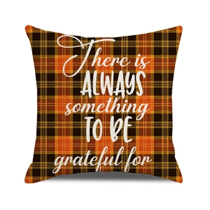 Close-up of orange plaid pumpkin pillow cover with grateful quote in rustic autumn style