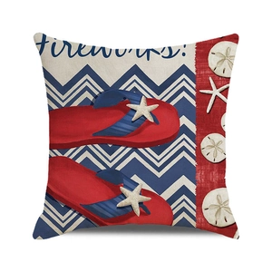 Detailed texture of square pillowcase with red flip-flops and starfish beach theme