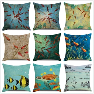 Marine Animal Linen Cushion Cover Watercolor Fish Mermaid Sea Life Ocean Theme Sofa Pillowcase Home Decor