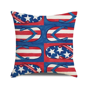 Detail of square pillowcase featuring watercolor flip-flops with USA flag design elements