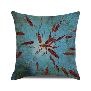 Square cushion cover featuring watercolor red koi fish swimming in blue waters