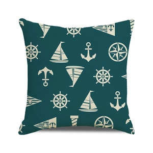 Housse de coussin nautique avec motifs ancre et gouvernail sur lin vert foncé