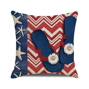 Detail of nautical summer beach pillow cover with starfish and flip flop pattern
