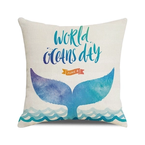 Watercolor whale tail cushion cover for World Oceans Day in square linen fabric