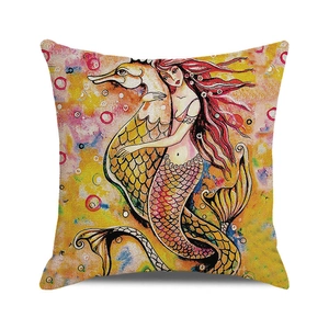Artistic mermaid and seahorse watercolor print cushion cover on white background