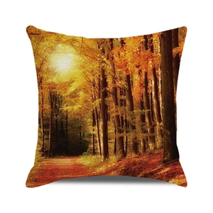 Happy Thanksgiving autumn forest trees square cushion cover with warm orange landscape