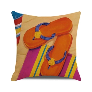 Watercolor summer beach cushion cover with orange flip flops and seashell beach towel