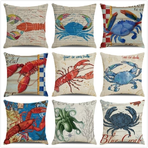 Watercolor Marine Life Throw Pillow Cover Linen Decorative Cushion Case For Sofa Living Room Lobster Crab Retro Nautical Home Decor