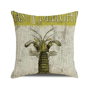 Vintage linen pillowcase with watercolor lobster illustration and TASTY DELIGHT text